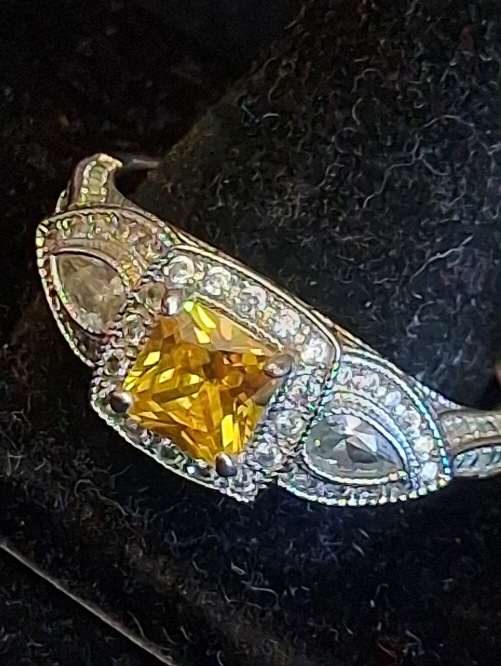 Elegant Silvertone Ring with Goldtone Accents And Yellow Faux Diamond 11 3/4